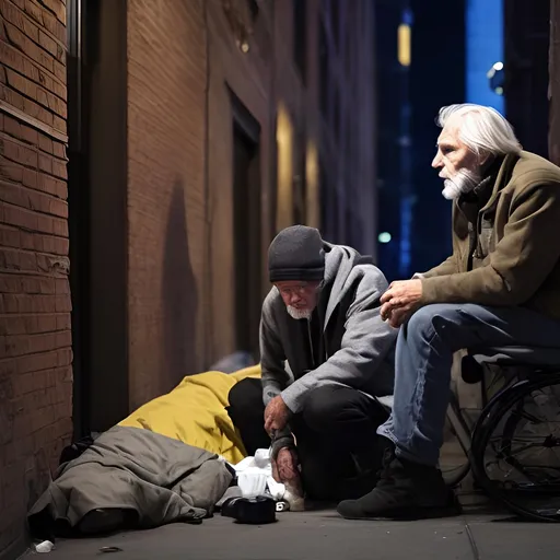 Prompt: old white man with long grey hair and short stubble beard watching a homeless man die of an overdose in a dark alley in new york