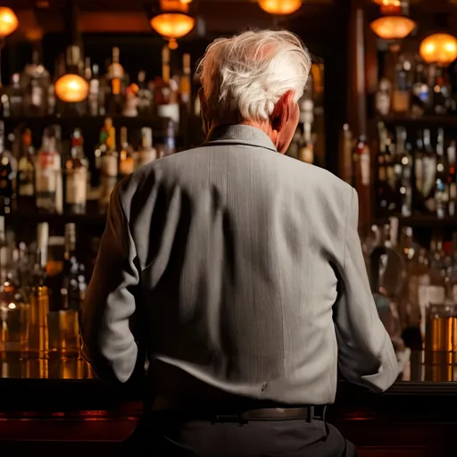 Prompt: photo of the backside of a creepy old man with gray hair and a short stubble beard in a dimly lit, empty, fancy manhattan bar.