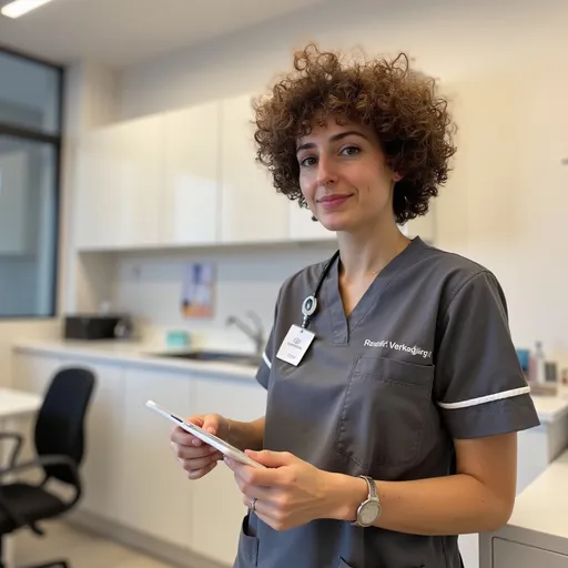 Prompt: Working Rolfing specialist curly girl dressed in short nurse dress