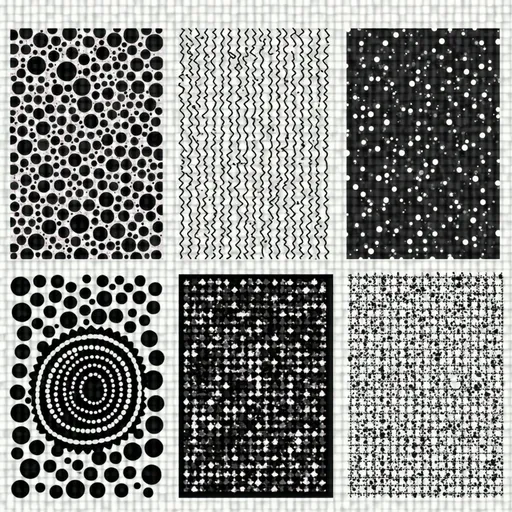 Prompt: A visually striking grid presents six distinct black-and-white patterned artworks, each conveying a unique theme through abstract designs. The top row features three pieces: the left showcases large and small circles arranged asymmetrically in a diagonal pattern, evoking a sense of calm; the center features intertwining dotted lines with smaller circles, resembling a complex and captivating maze; while the right side plunges into a mesmerizing vortex of concentric circles that draw the viewer's eye inward, suggesting a state of confusion. The lower row continues the abstract journey, with the left composition displaying a harmonious arrangement of varied circle sizes set against a stark black background, imparting a feeling of depth; the center piece emphasizes intricate bubble-like shapes within a frame, promoting a dreamy or surreal quality; and the right artwork culminates in a geometric series of diminishing concentric circles arranged in a square, creating a hypnotic effect that resonates with themes of entrapment and illusion.
