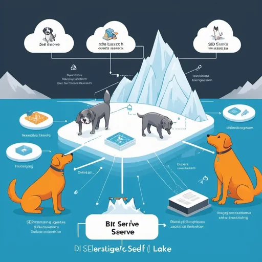 Prompt: Design an illustrative representation showcasing a dogs in the role of an SDE/BI/DE users, illustrating the process of self-serve data source ingestion and onboarding into a data lake like ElasticSearch, Iceberg, Kinesis.