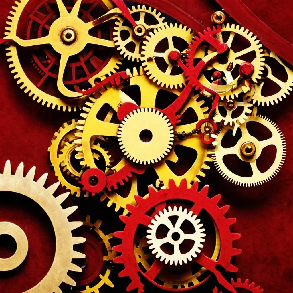 Prompt: red, gears, yellow, steampunk, detail, bold
