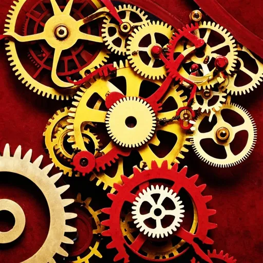 Prompt: red, gears, yellow, steampunk, detail, bold

