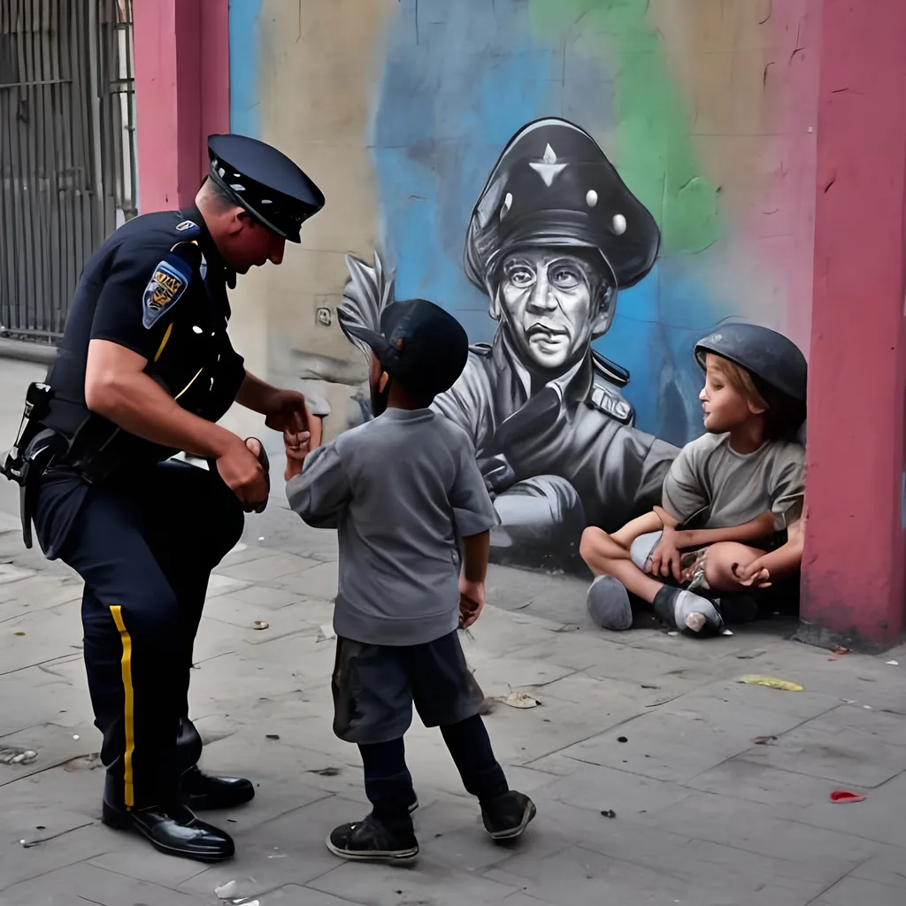 Prompt: Street art policeman playing with homeless kids