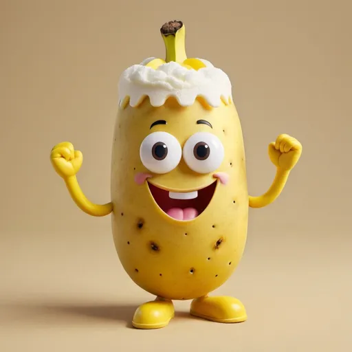 Prompt: Character, banana, potato, foam based. Looks to the camera. It is happy.