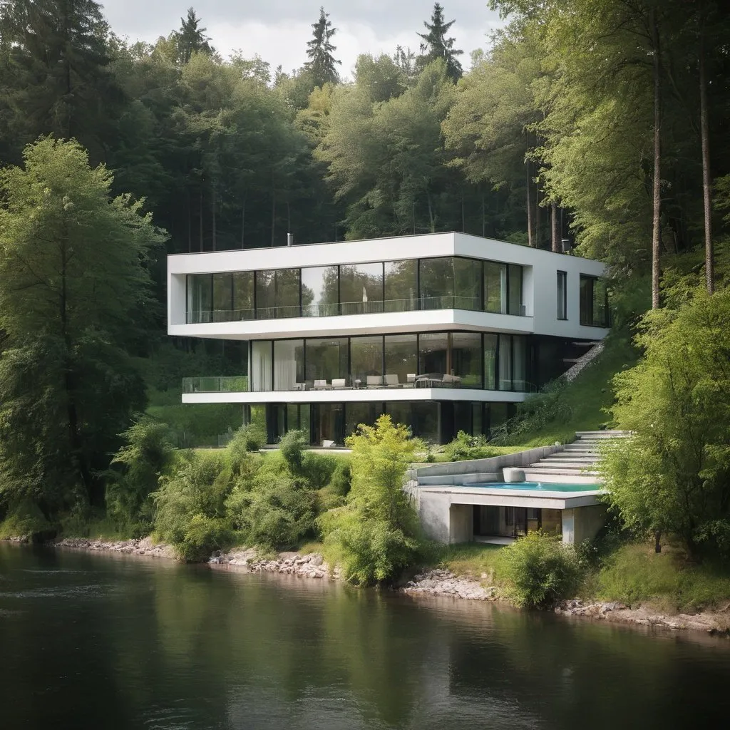 Prompt: modern villa under forest with river