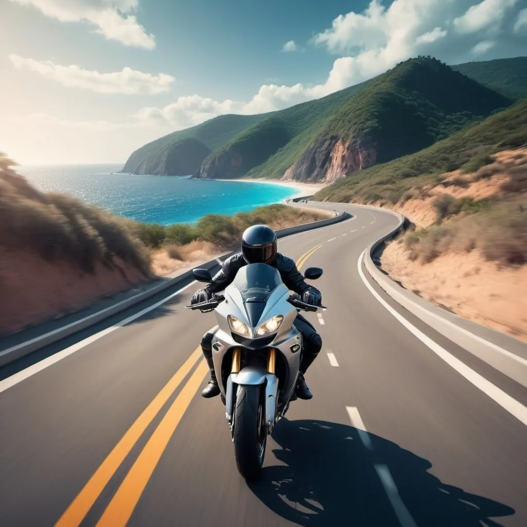 Prompt: Create a laptop screensaver of a motorcycle in a futuristic world going fast on a winding road with the ocean in the distant background
