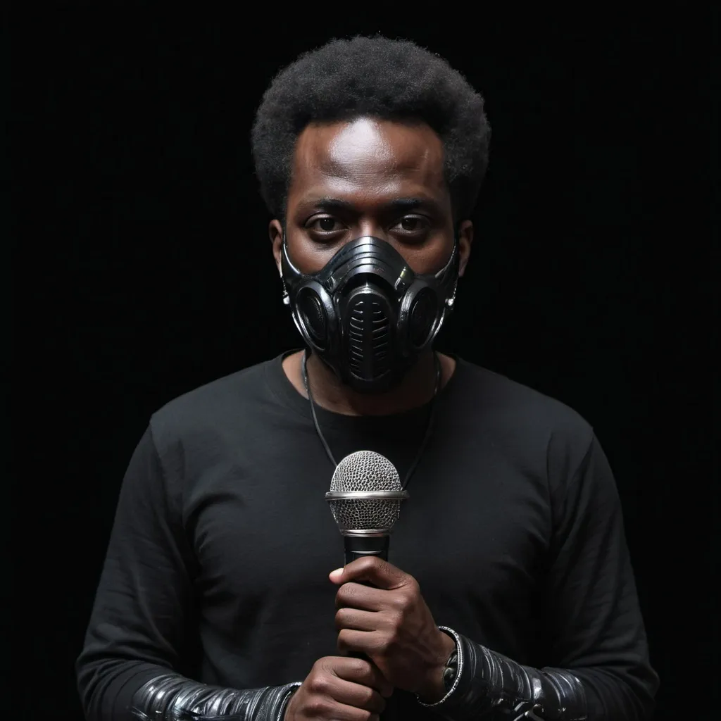 Prompt: a man wearing a mask and holding a microphone in front of him with a black background and a black background, Bernard Accama, afrofuturism, dystopian, a character portrait