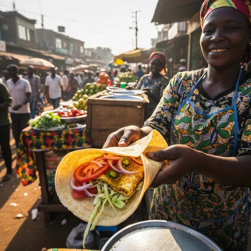Prompt: "A Ugandan street food 'Rolex' - golden chapati wrap with fried egg, tomatoes, onions, and cabbage, vibrant colors, street vendor setting, photorealistic"