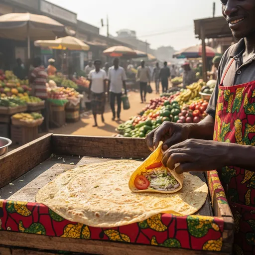 Prompt: "A Ugandan street food 'Rolex' - golden chapati wrap with fried egg, tomatoes, onions, and cabbage, vibrant colors, street vendor setting, photorealistic"