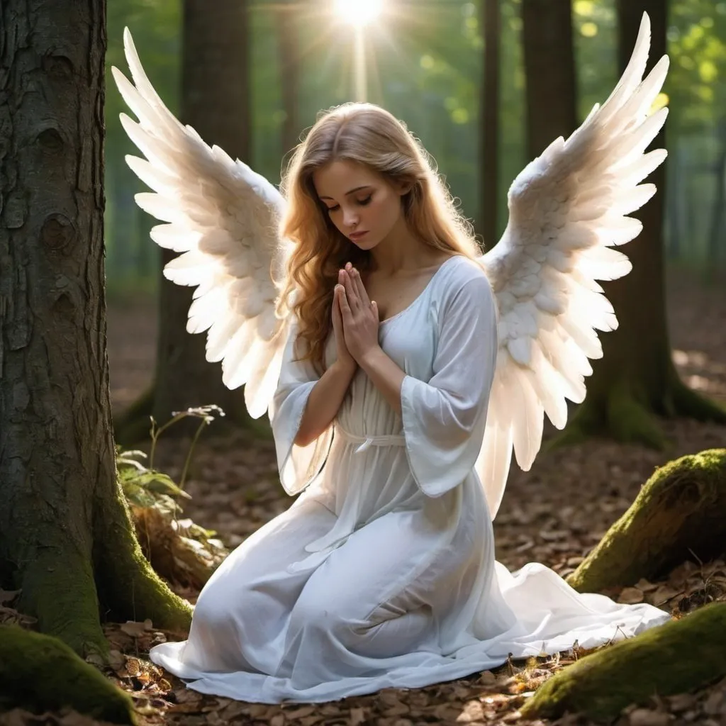 Prompt: A beautiful mystical angel kneeling in the woods praying