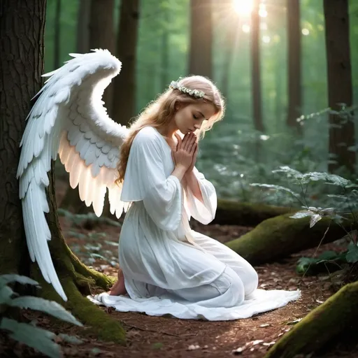 Prompt: A beautiful mystical angel kneeling in the woods praying