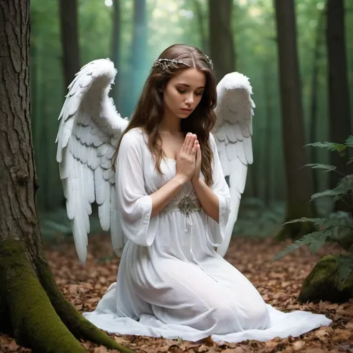 Prompt: A beautiful mystical angel kneeling in the woods praying