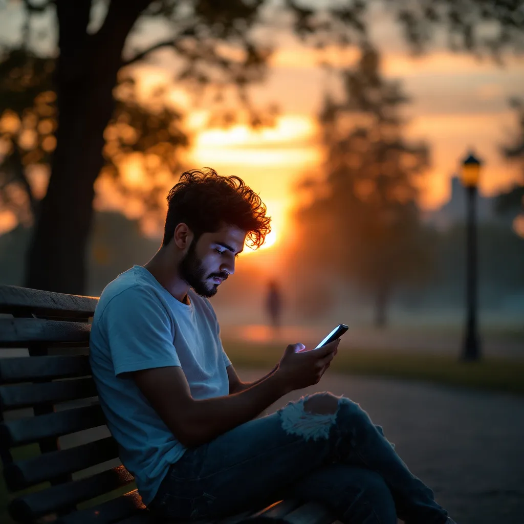 Prompt: Sunset in the Park

Setting: A park bench under the warm glow of a setting sun. The sky is a gradient of oranges, yellows, and pinks. The park itself could be slightly hazy, adding a melancholic feel.

Ayaan: Shown sitting on the bench, hunched slightly, his face illuminated by the phone's screen. He appears dejected and defeated. His attire should be simple and somewhat rumpled, reflecting his struggles. The rejection email is visible, but not overly prominent.

Mood: Lonely, contemplative, slightly desperate.