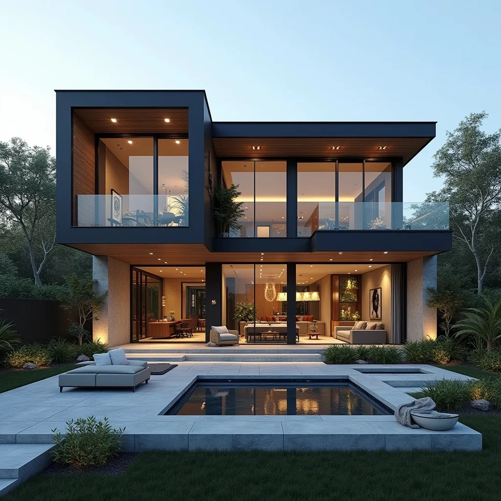 Prompt: detailed house plan, double story luxury modern house, spacious layout, sleek architecture, open concept design, high-end materials, large windows for natural light, elegant outdoor landscaping, stylish interiors with contemporary furnishings, dramatic lighting elements, spacious balconies, inviting atmosphere, ultra-detailed, 4K quality, architectural masterpiece.