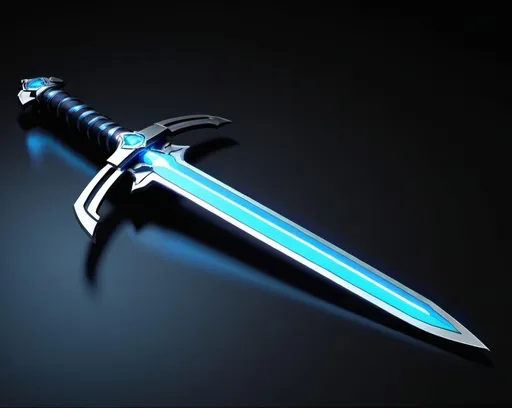 Prompt: Design a sleek, futuristic sword with a streamlined, high-tech appearance. The hilt should be minimalist and made of polished, dark metal with illuminated accents, resembling advanced technology. The blade should be straight and edged with a glowing, neon blue or purple light running along its length. The blade material should appear to be a combination of polished metal and translucent energy, giving it a high-tech and otherworldly feel. The background can be a futuristic, sci-fi setting with metallic surfaces and ambient lighting to enhance the sword’s advanced design