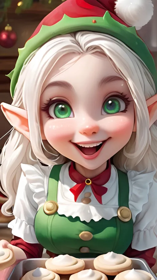 Prompt: pretty christmas elf is  baking cookies for christmas, detailed eyes, happy smile, highly detailed, beautiful elf with long white hair, beautiful eyes, anime eyes, 64k, hd, festive, soft lines