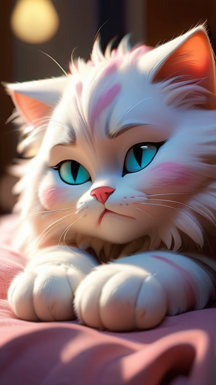 Prompt: adorable sleeping fuzzy cat, Pixar style, dreamy anime eyes, volumetric lighting, trending on art station, deviant art