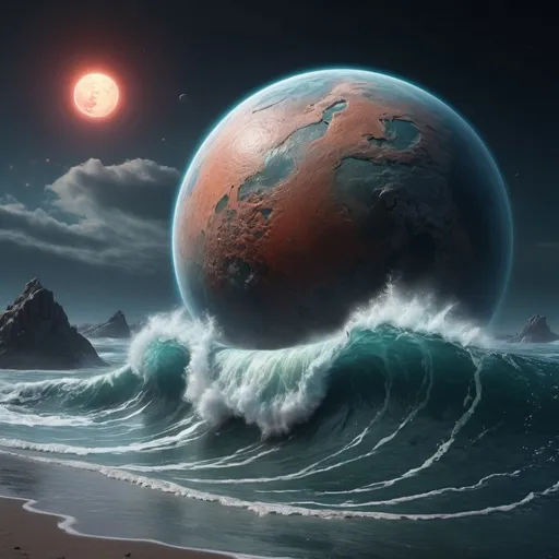Prompt: Hyper-realistic , imaginary inhabited planet, high resolution, hyper-realistic, sci-fi, detailed textures, atmospheric lighting, immersive, otherworldly beauty, high waves, surreal, digital painting,
