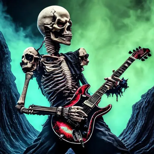 Prompt: digital art, fantasy, featured on artstation, SKELETON PLAYING A GUITAR, THE SKELETON HAS A PUNK STYLE AND IS ON FLAMES, THE GUITAR IS A FENDER STRATOCASTER, THE BACKGROUND IS VOLCANIC STONES THAT EMANATE LIGHT, HYPER REALISTIC
