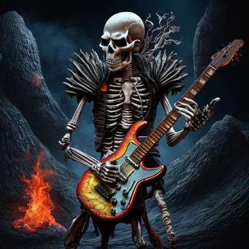 Prompt: digital art, fantasy, featured on artstation, SKELETON PLAYING A GUITAR, THE SKELETON HAS A PUNK STYLE AND IS ON FLAMES, THE GUITAR IS A FENDER STRATOCASTER, THE BACKGROUND IS VOLCANIC STONES THAT EMANATE LIGHT, HYPER REALISTIC