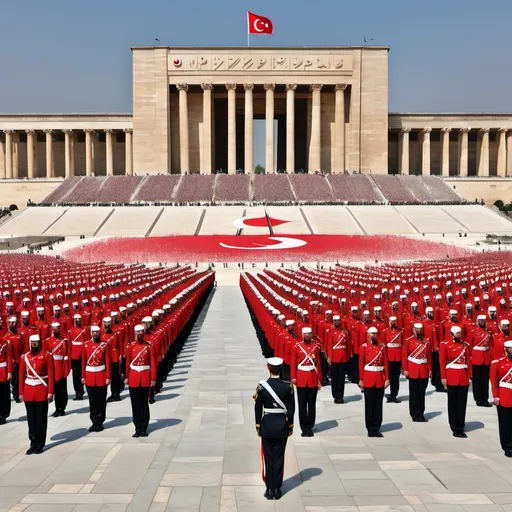 Prompt: In the expansive and impressive square of Anıtkabir, 15 soldiers stand in uniform, arranged in an orderly fashion. Each one stands proudly and respectfully, their faces bearing a disciplined expression. Behind the soldiers, a massive Turkish flag waves, with its red and white colors fluttering in the wind, symbolizing the unity and strength of the Turkish nation.

A little further ahead from the soldiers, on a high platform of Anıtkabir, Atatürk's tomb prominently stands out. On the tombstone, the name of Atatürk, the founder of the Republic of Turkey, is inscribed in a simple and honorable manner. There might be a faint light or aura around Atatürk’s tomb, symbolizing his spiritual presence and eternal peace.

In the background, a crowd of many Turkish citizens is gathered, paying their respects with a moment of silence. Each person has their hands placed over their hearts, expressing their respect for Atatürk with a silent sorrow. The crowd is filled with patriotism and gratitude, united in a sense of togetherness and solidarity.