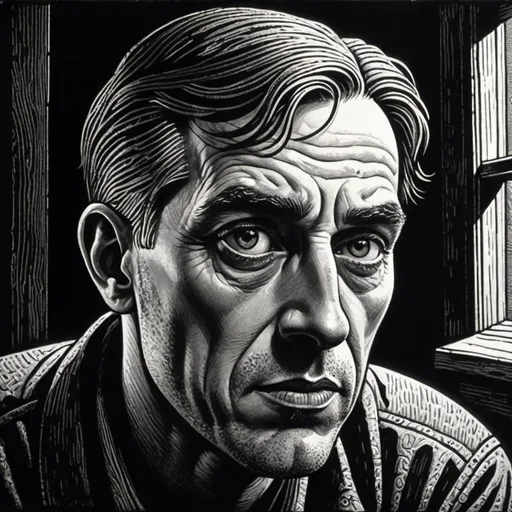 Prompt: Black and white woodcut of a dark space, head and shoulders, surprised expression, looking around, looking over shoulder, high contrast, flat shading, Ben Shahn style, PJ Crook influence, Lynd Ward inspiration, gritty urban setting, simple shading, high contrast, dramatic lighting, monochromatic, woodcut texture, intricate details, chiaroscuro, professional quality, dark tones, difused sunshine lighting