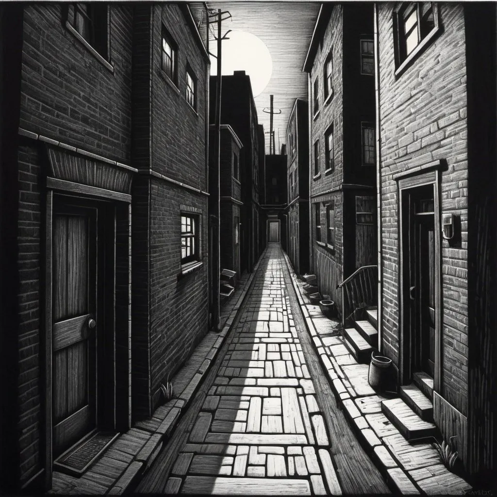 Prompt: Black and white drawing of a dark alleyway, socialist realist woodcut, Ben Shahn style, PJ Crook influence, Lynd Ward inspiration, gritty urban setting, detailed shading, high contrast, dramatic lighting, monochromatic, woodcut texture, intricate details, chiaroscuro, professional quality, dark tones, difused sunshine lighting