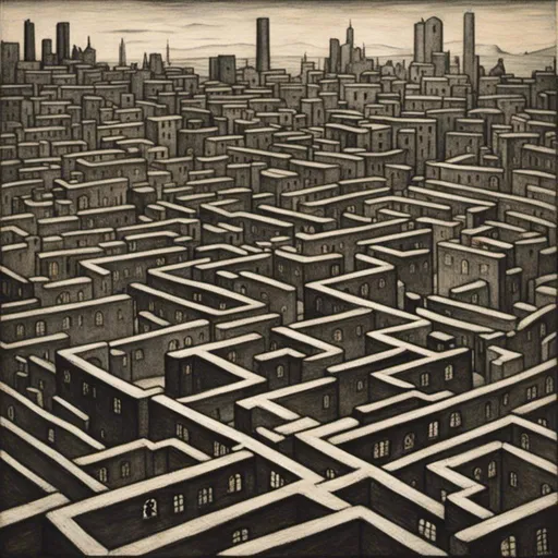 Prompt: Black and white woodcut of a labarith maze, cityscape, high walls, high contrast, flat shading, intricate details, chiaroscuro, professional quality, dark tones, difused sunshine lighting<mymodel>