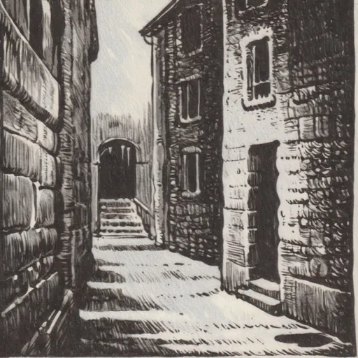 Prompt: Black and white woodcut of a very dark alleyway, socialist realist woodcut, Ben Shahn style, PJ Crook influence, Lynd Ward inspiration, gritty urban setting, detailed shading, high contrast, dramatic lighting, monochromatic, woodcut texture, intricate details, chiaroscuro, professional quality, dark tones, difused sunshine lighting