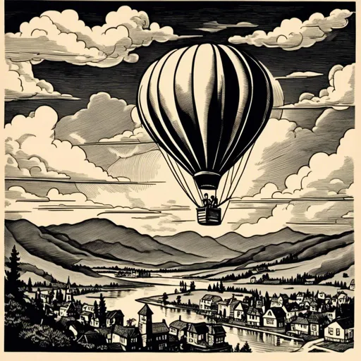 Prompt: <mymodel> tiny hot air balloon, in the distance, 1950's cartoon style, dark, large clouds,  sky only, detailed shading, high contrast, dramatic lighting, professional quality, flat color, vivid, happy mood, professional, high quality
