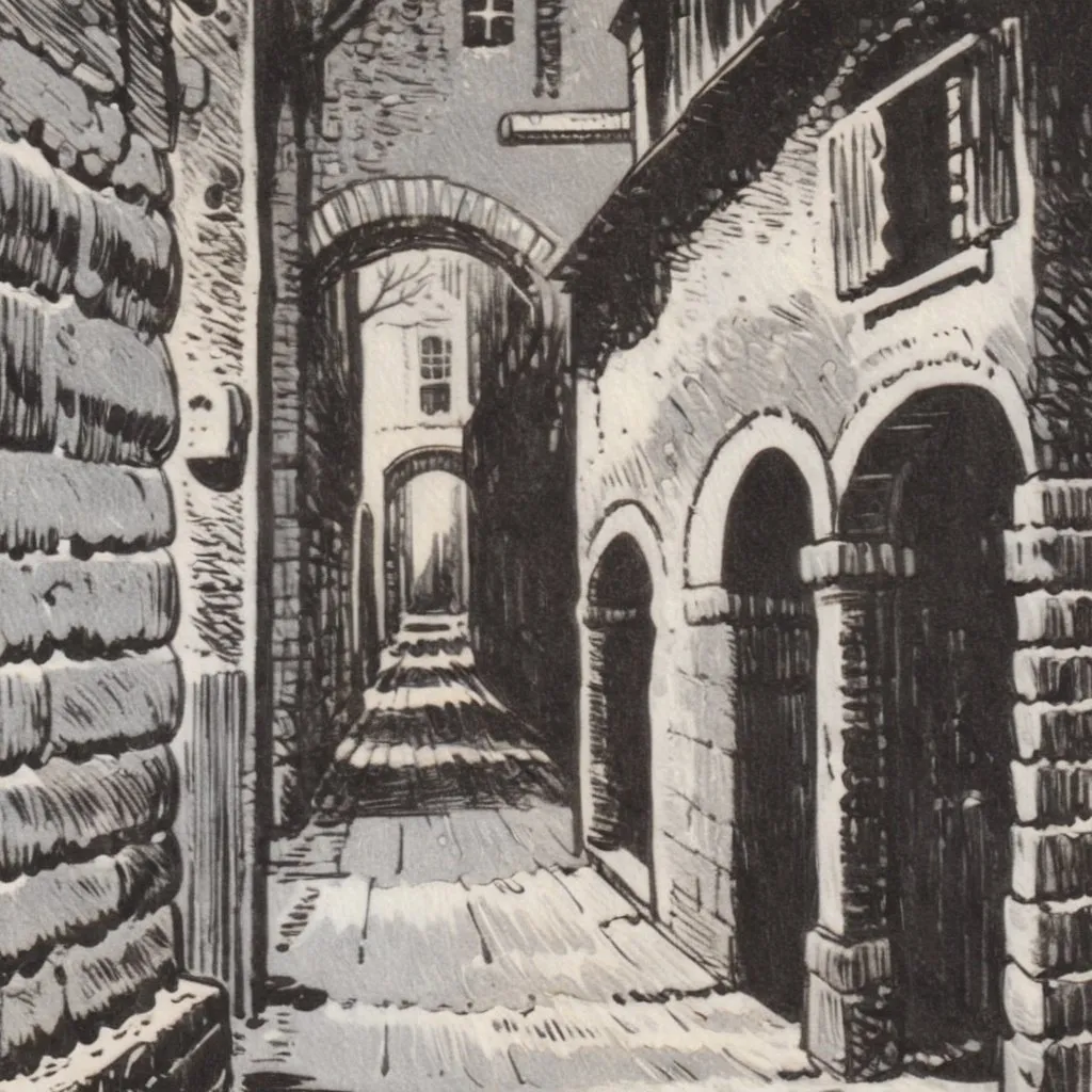 Prompt: Black and white woodcut of a very dark alleyway, socialist realist woodcut, Ben Shahn style, PJ Crook influence, Lynd Ward inspiration, gritty urban setting, detailed shading, high contrast, dramatic lighting, monochromatic, woodcut texture, intricate details, chiaroscuro, professional quality, dark tones, difused sunshine lighting