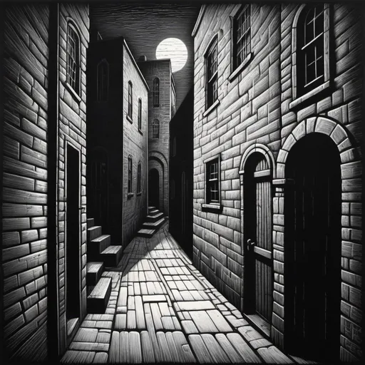 Prompt: Black and white woodcut of a dark alleyway, Ben Shahn style, PJ Crook influence, Lynd Ward inspiration, gritty gothic urban setting, detailed shading, very high contrast, dramatic lighting, monochromatic, woodcut texture, intricate details, chiaroscuro, professional quality, very dark tones, difused sunshine lighting