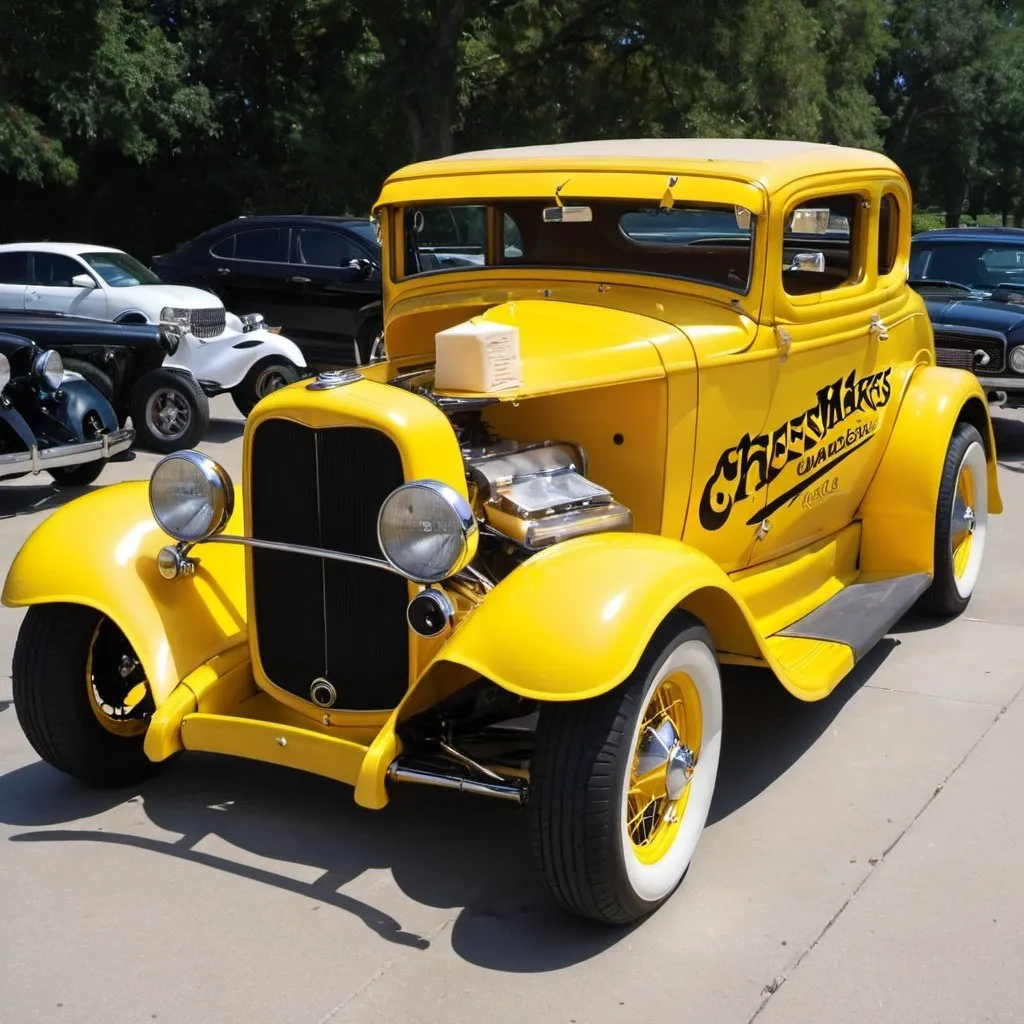 Prompt: A 1932 Ford Model A Coup hot rod with a yellow paint job and the name "Cheesemakers" on the door panel