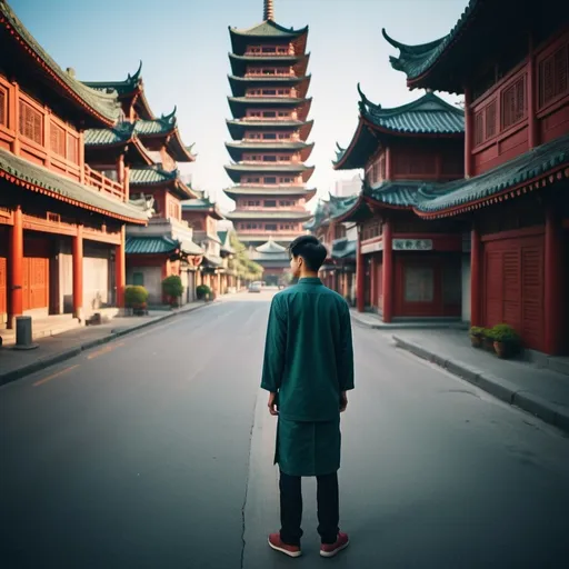 Prompt: (realism style), vibrant color scheme, man standing in the middle of a street, in front of a tall building with a pagoda on top, (Fan Kuan inspired), synchromism influence, ektachrome photograph quality, (tilt shift effect), high detail, crisp focus on foreground, saturated colors, sunlight illuminating the scene, dynamic urban atmosphere, (4K) quality, captivating urban depth.