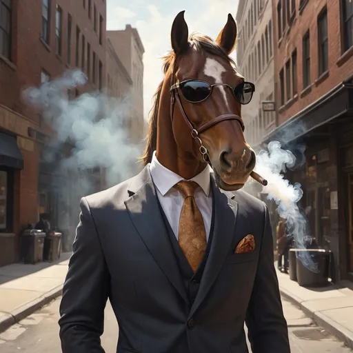 Prompt: Sunglasses-wearing horse smoking cigar in urban setting, realistic oil painting, tailored suit, confident posture, suave expression, atmospheric lighting, high quality, detailed, realistic, urban, tailored suit, suave, atmospheric lighting, cigar smoke, sunglasses, confident, horse