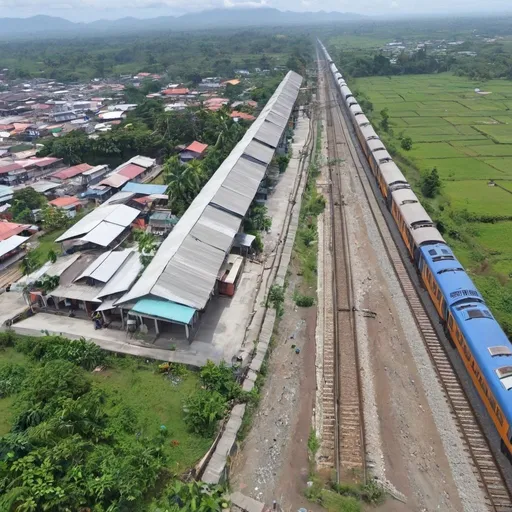 Prompt: Bird’s eye view of Balagtas Station at Balagtas Bulacan along the north western main line circa August 2023