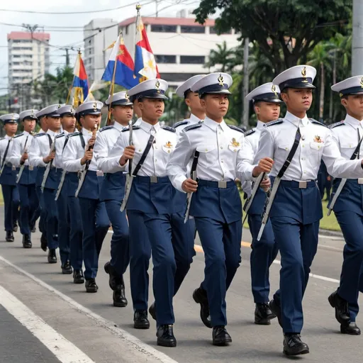 Prompt: Philippine air force academy cadets marching in Parade in Manila to commemorate the 150th anniversary of Philippine independence circa June 12 2048