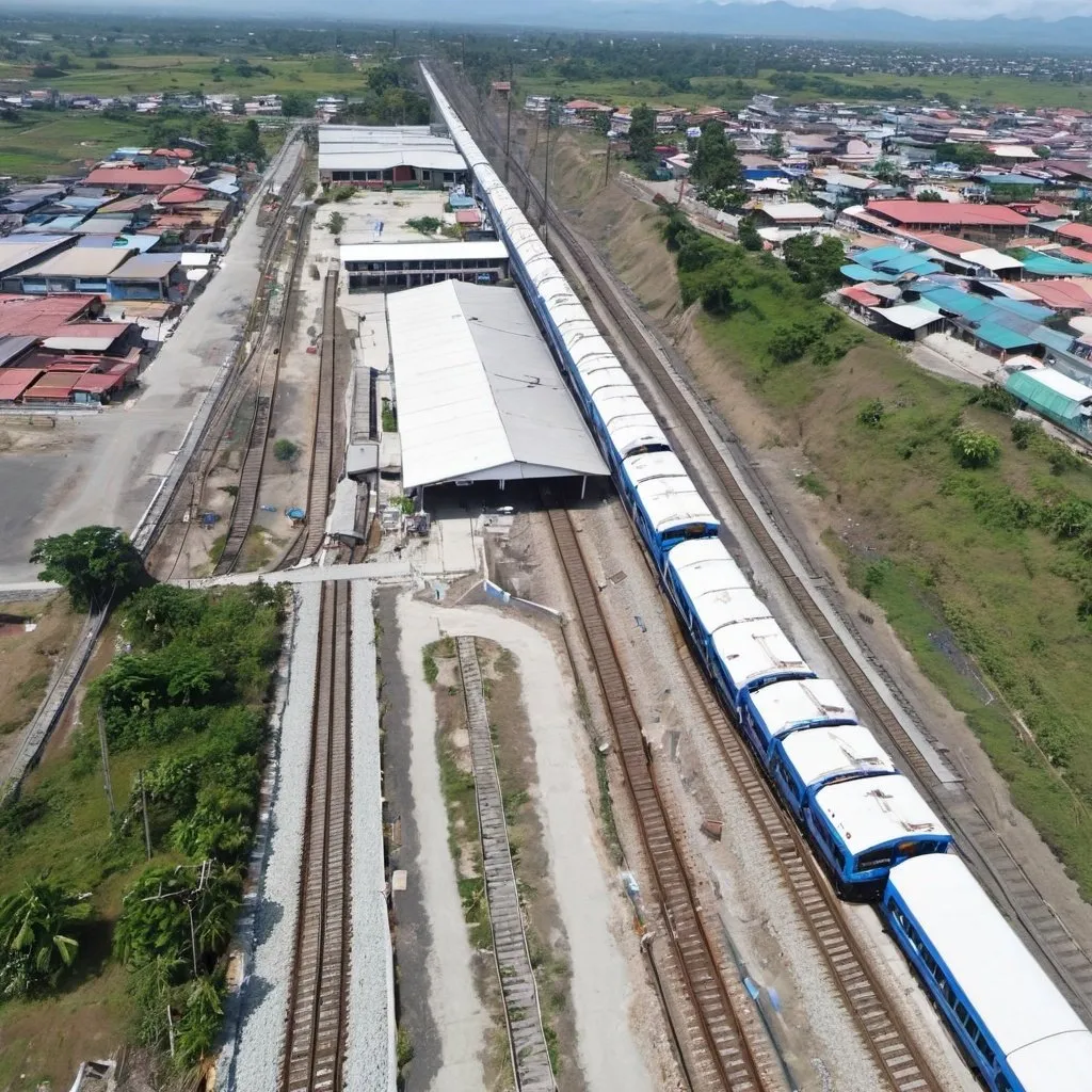 Prompt: Bird’s eye view of San Miguel station at Tarlac City Metro Tarlac along the north western main line circa August 2023