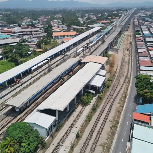 Prompt: Bird’s eye view of San Miguel boulevard Station at San Fernando City Metro Pampanga along the north western main line circa August 2023