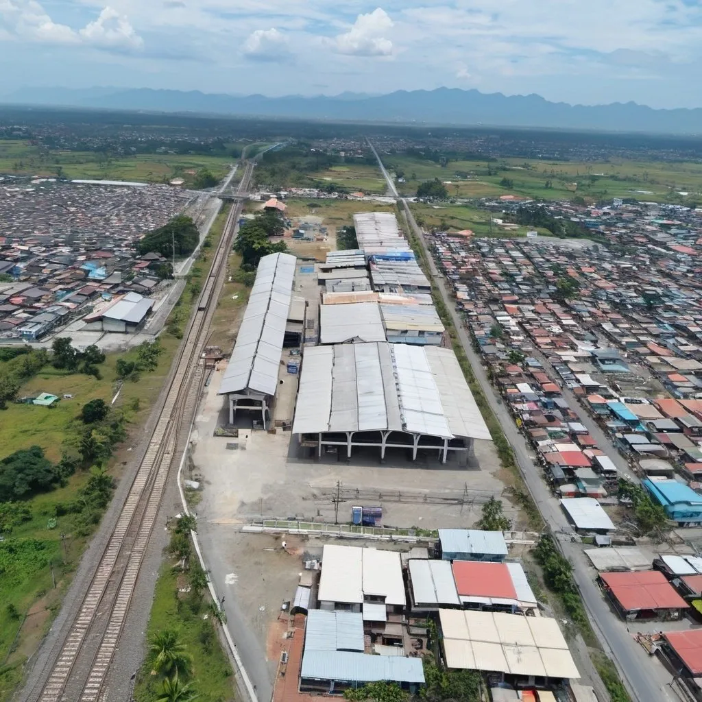 Prompt: Bird’s eye view of Malabacat Station at Malabacat City Metro Pampanga along the north western main line circa August 2023