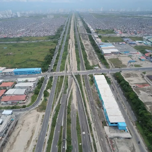 Prompt: Bird’s eye view of Macapagal Boulevard at Capas City Metro Tarlac along the north western main line circa August 2023