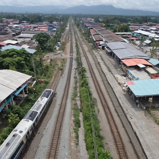 Prompt: Bird’s eye view of Tuktukan Station at Guiguinto Bulacan along the north western main line circa August 2023