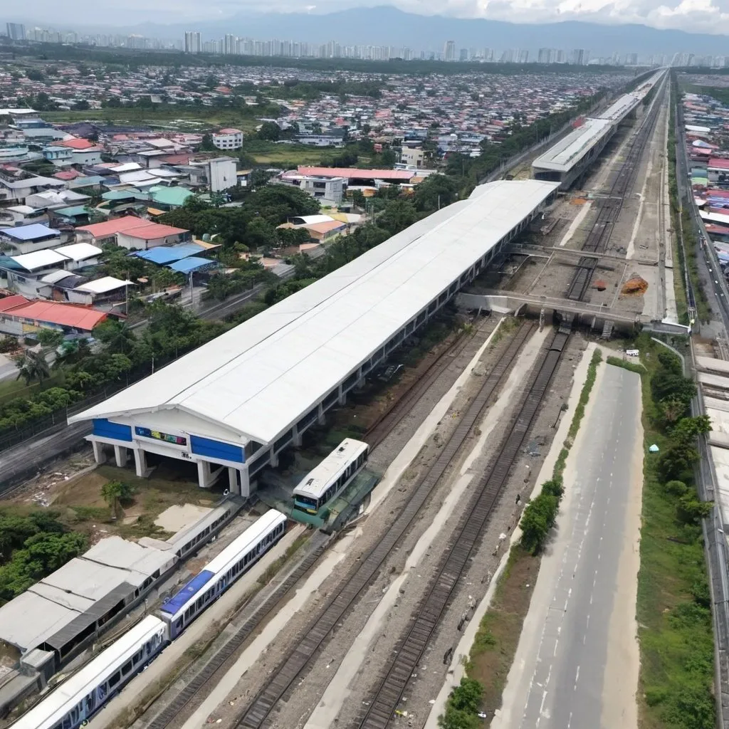 Prompt: Bird’s eye view of Macapagal Boulevard station at Capas City Metro Tarlac along the north western main line circa August 2023