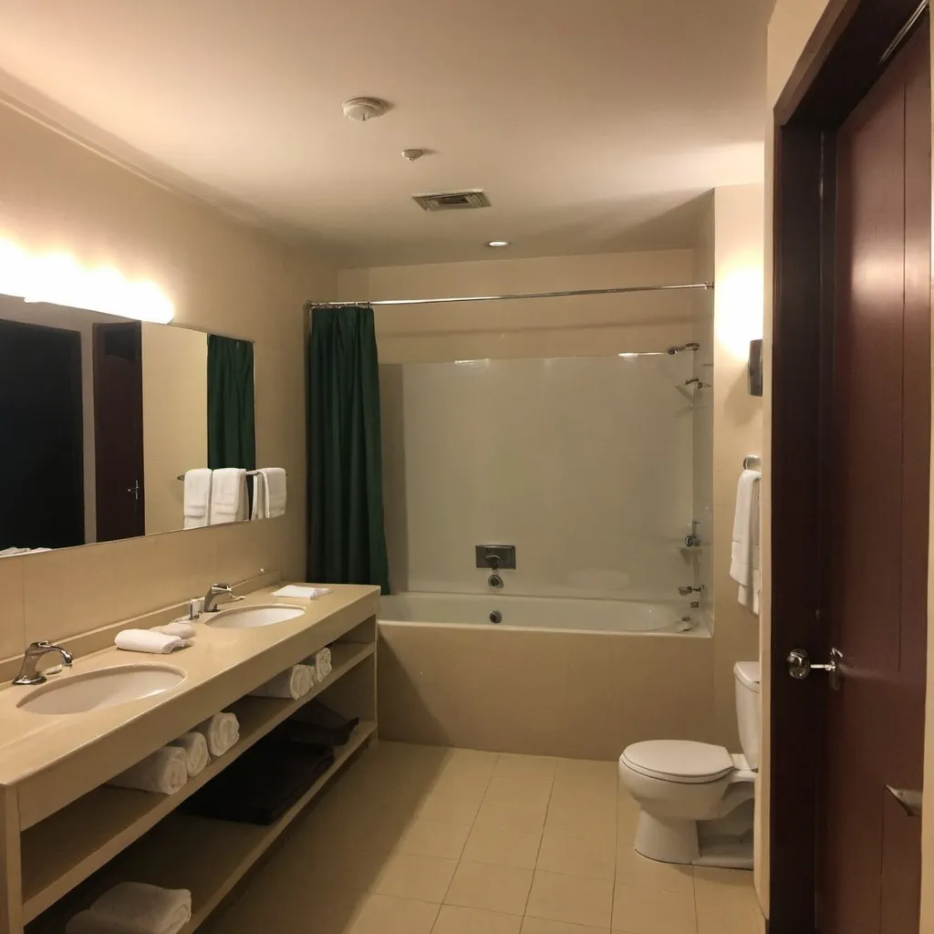 Prompt: Hotel bathroom with bathub at resort in Batangas circus February 2019 at night