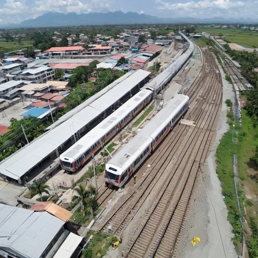 Prompt: Bird’s eye view of Dau Station at Malabacat City Metro Pampanga along the north western main line circa August 2023