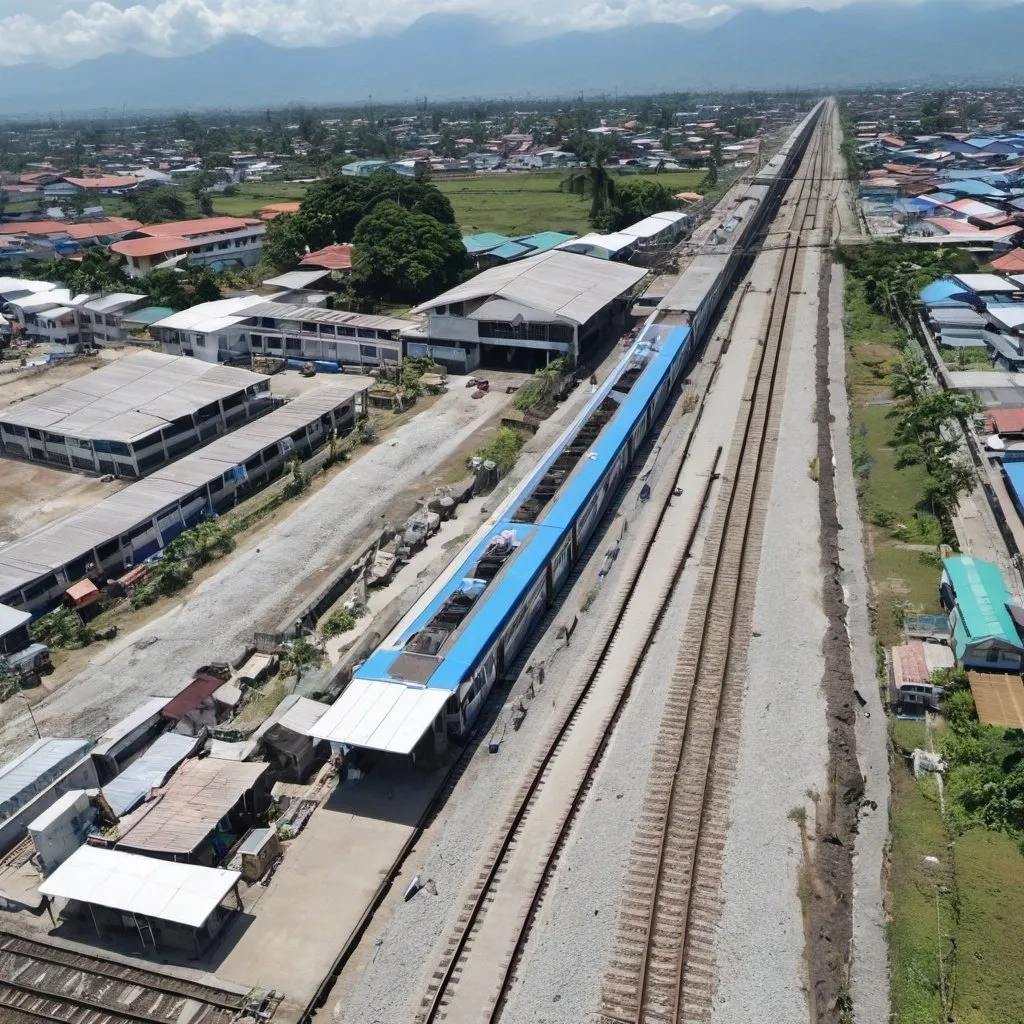 Prompt: Bird’s eye view of Angeles NSCR Station at Angeles City Metro Pampanga along the north western main line circa August 2023