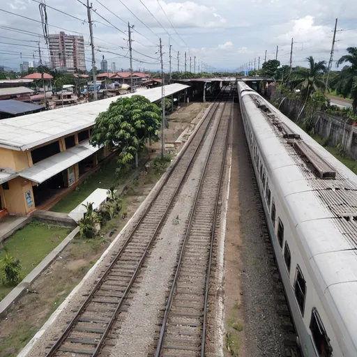 Prompt: Malinta Station at valenzuela city along the north western main line circa August 2023