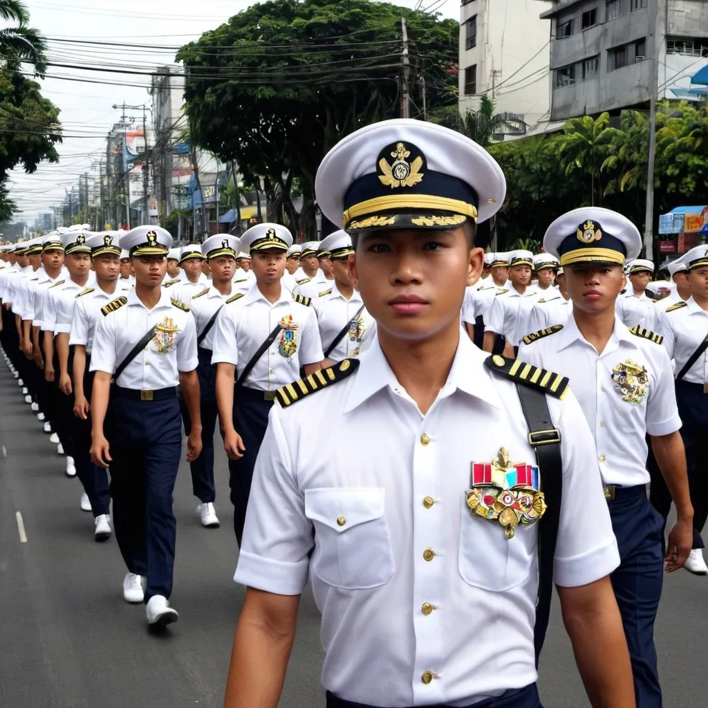 Prompt: Philippine navy academy midshipmen marching in Parade in Manila to commemorate the 150th anniversary of Philippine independence circa June 12 2048