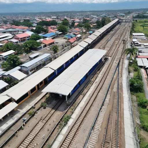 Prompt: Bird’s eye view of San Sebastián station at Tarlac City Metro Tarlac along the north western main line circa August 2023